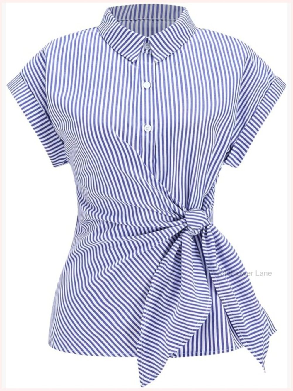 Striped Blouse w/ Tie Waist, Short Sleeve Collared, Button Front, Work Office